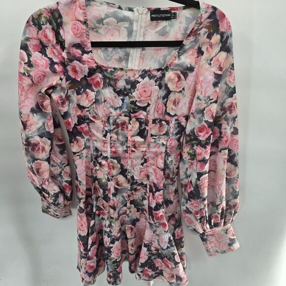 PrettyLittleThing Pink Black Floral Long Sleeve Mini Dress Size 0 - Picture 1 of 11